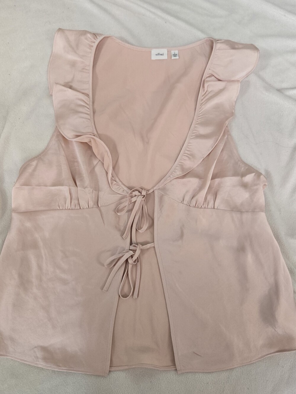 Aritzia Wilfred Light Pink Tonka Satin Blouse Tie Front Ruffle Size Large